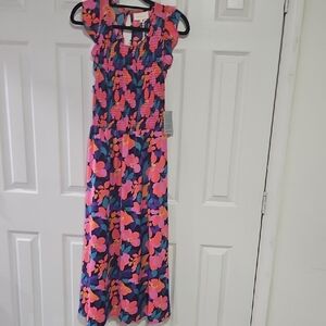 MELLODAY Vibrant Floral Maxi Dress in Navy, Pink & Orange